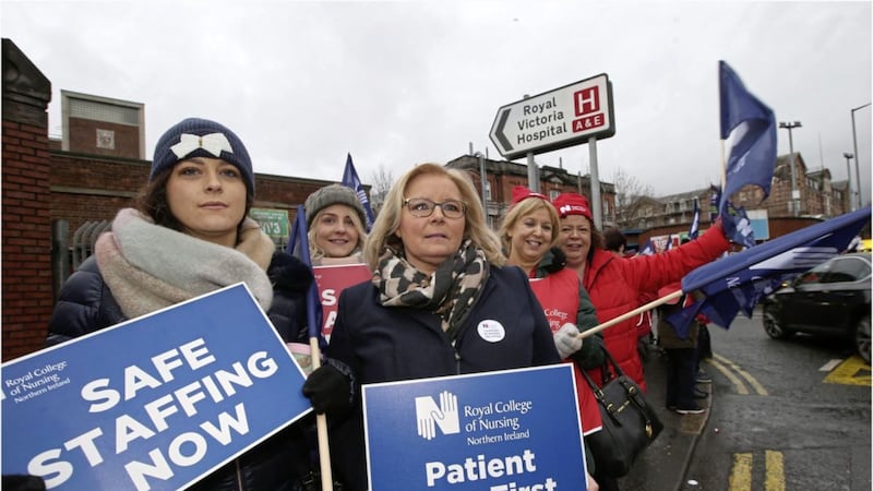 Royal College of Nursing chief Pat Cullen with striking nurses outside the Royal in Belfast last month. Picture by Hugh Russell 