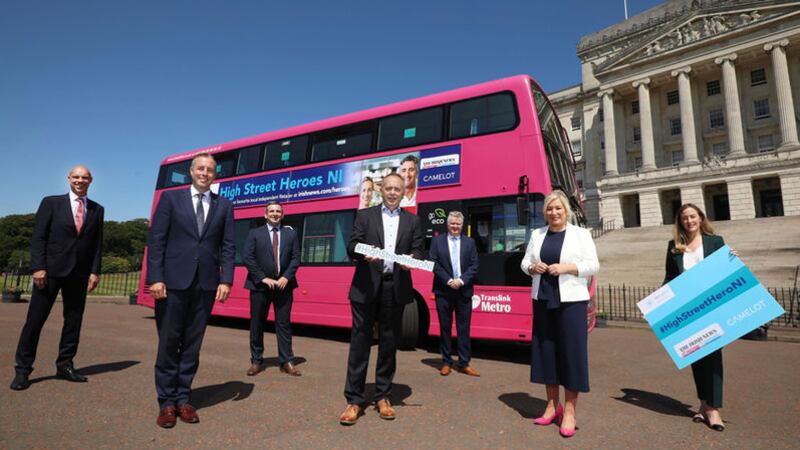 <span style="font-family: Arial, sans-serif; ">The First and Deputy First Ministers with Retail NI president Peter McBride (foreground) launch the High Street Heroes campaign at Stormont yesterday. At back (from left) are James Dunbar (head of field sales at Camelot), John Morgan (Translink), Gary McDonald (Irish News business editor) and Annette Small (Irish News group marketing and communications manager). Picture: Kelvin Boyes/PressEye</span>