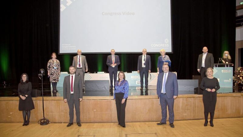 Representatives of of all five parties in the NI Executive, for the first time, shared a single stage at a trade union conference. Picture by Kevin Cooper Photoline 