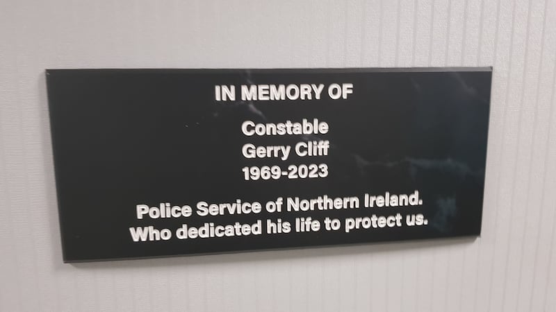 Gerry's memorial plaque on the wall of the  Blue Lights PSNI station