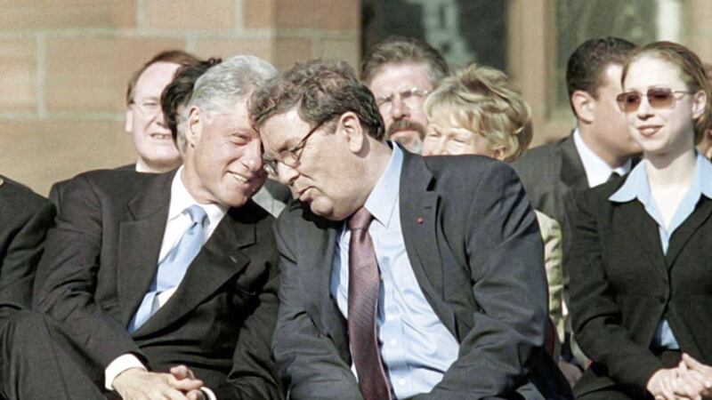 John Hume and former US President Bill Clinton chat during a visit to Derry. Picture by Margaret McLaughlin