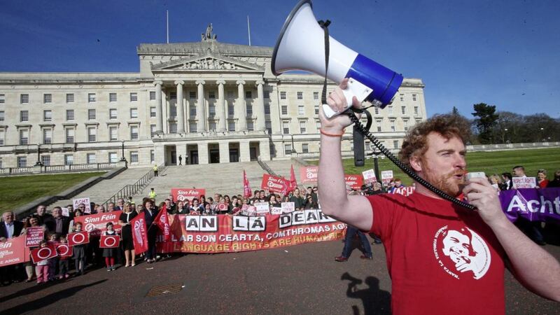 Irish speakers gathered at Stormont to call for an Irish language act last month. Picture by Mal McCann 