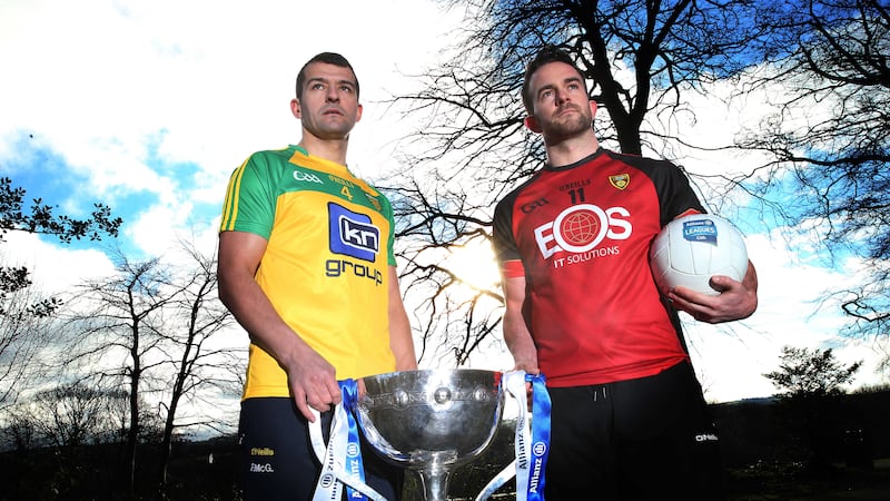 Down's Mark Poland and Donegal's Frank McGlynn pictured at Belfast's Malone House on Wednesday during the launch of the 2016 Allianz National Football League<br />Picture by Hugh Russell