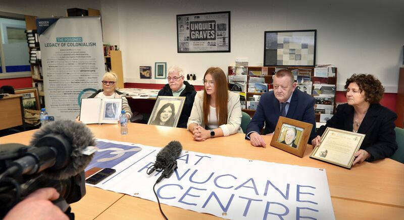 Sara Duddy of the Pat Finucane Centre speaking at a press conference following the decision by the PPS . The families of Billy McGreanery and Annette McGavigan were at the Pat Finucane Centre in Derry on Monday where they were due to find out from the PPS if the British soldiers who shot them dead in 1971 in Derry, will be prosecuted.  Pictured are left to right, May and Martin McGavigan, the sister and brother of Annette McGavigan, with Billy McGreanery and Marjorie Roddy, the nephew and neice of Billy McGreanery.  Picture Margaret McLaughlin 29-4-2024