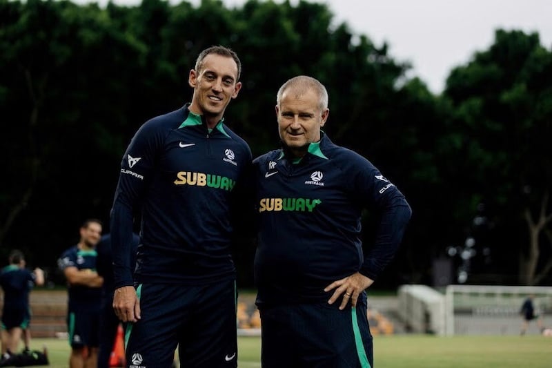 Chris Lynch at Socceroo training with national team physio Kieran Rooney. Picture courtesy of Football Australia
