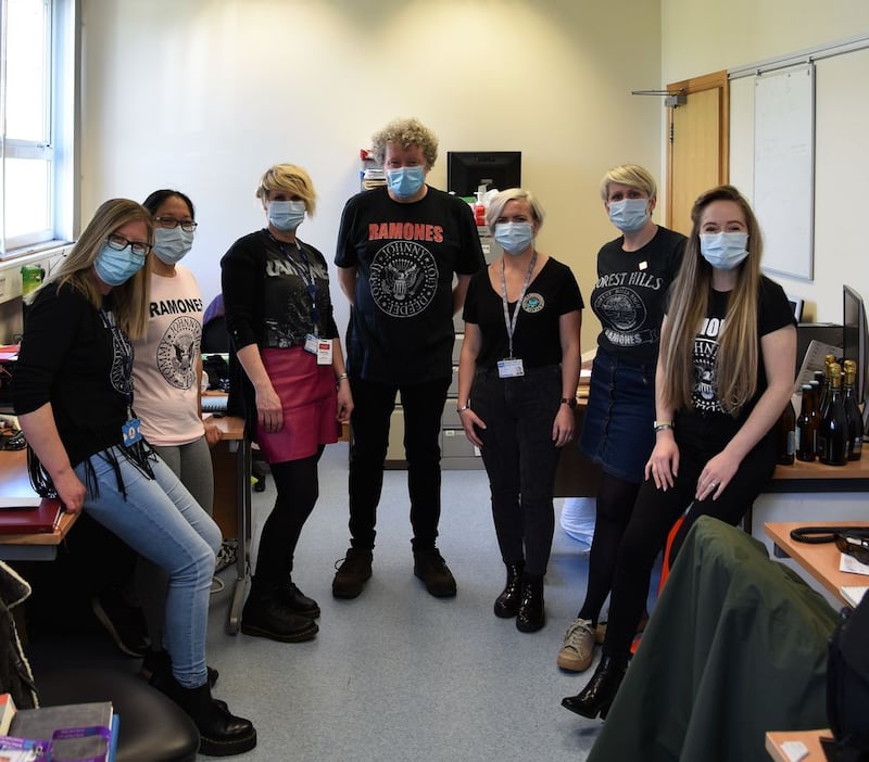 &nbsp;Dr Conall McCaughey and his colleagues on his final day at work, wearing their Ramones t-shirts