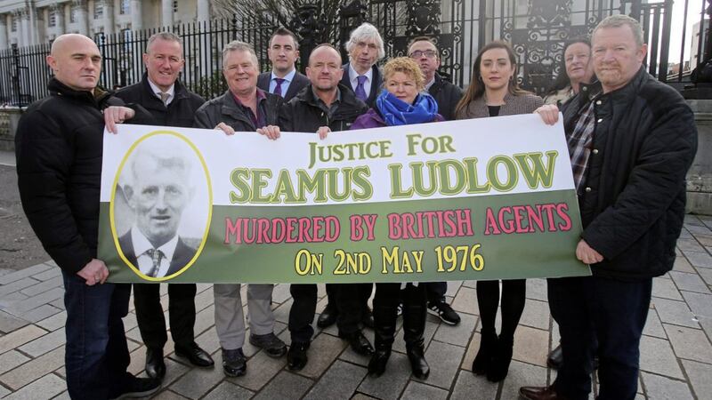 Relatives of Seamus Ludlow murdered in 1976 by the UVF outside the high court with their solicitor Gavin Booth and Sinn Feins Conor Murphy and Megan Fearon Picture Mal McCann. 