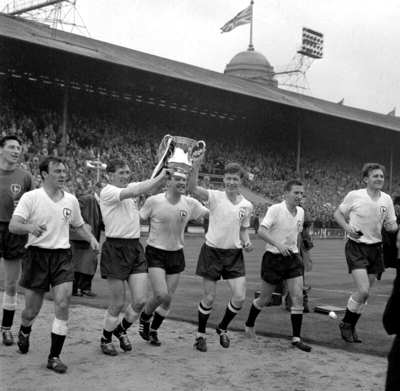 Terry Medwin (far right) celebrates Tottenham’s 1962 FA Cup final victory over Burnley at Wembley with team-mates Bill Brown, Jimmy Greaves, Danny Blanchflower, Dave Mackay, John White and Cliff Jones