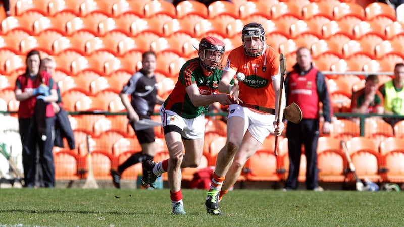 Armagh's Ryan Gaffney and Mayo's Austin Lyons during Sunday's Allianz Hurling League 2B clash at the Athletic Grounds