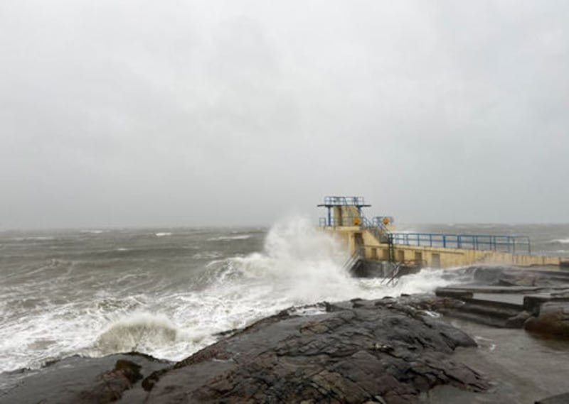 A pier in Salthill, Ireland, as Storm Brendan sweeps across Ireland and the UK with winds gusting up to 80mph. Photo taken with permission from the Twitter feed of @GalwayWalks of a&nbsp;PA Photo.<br />&nbsp;