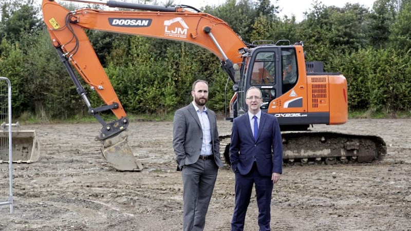 Food manufacturer, Dragon Brand Foods is the first tenant announced at Strabane Business Park. Pictured at the site of the firm&#39;s new factory are Paul McGuigan (left), Dragon Brand Foods, and Des Gartland, Invest NI 