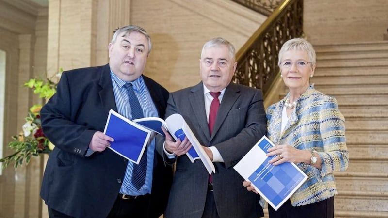 Stormont&#39;s independent financial review panel has written to James Brokenshire stating MLA salaries should end after three months if no agreement is reached to form a new government. From left, Alan McQuillan, Patrick McCartan and Dr Henrietta Campbell. 