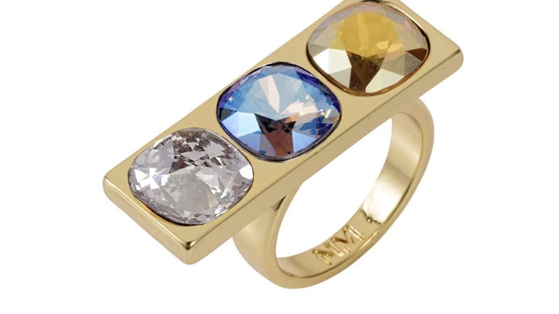 Nadia Minkoff Nova Crystal Ring Gold With Blue Shimmer, &pound;32, available from Wolf &amp; Badger 