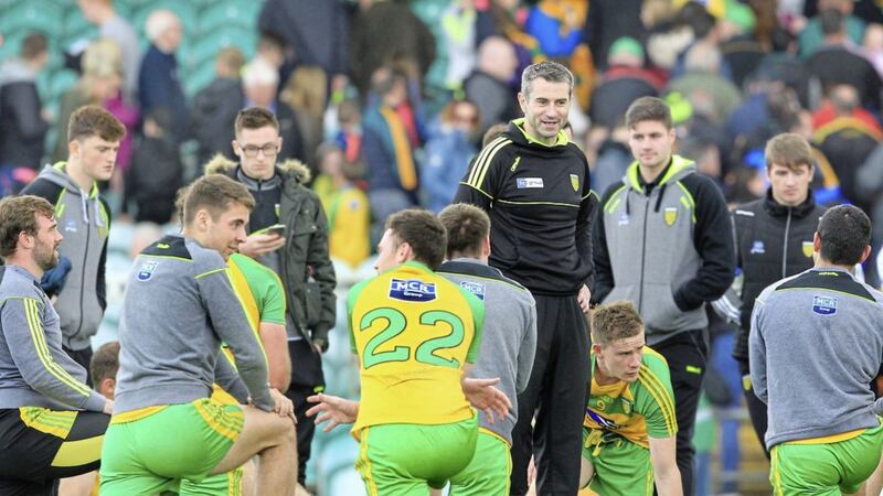 Donegal manager Rory Gallagher addresses his side after their win over Longford Picture by Margaret McLaughlin 