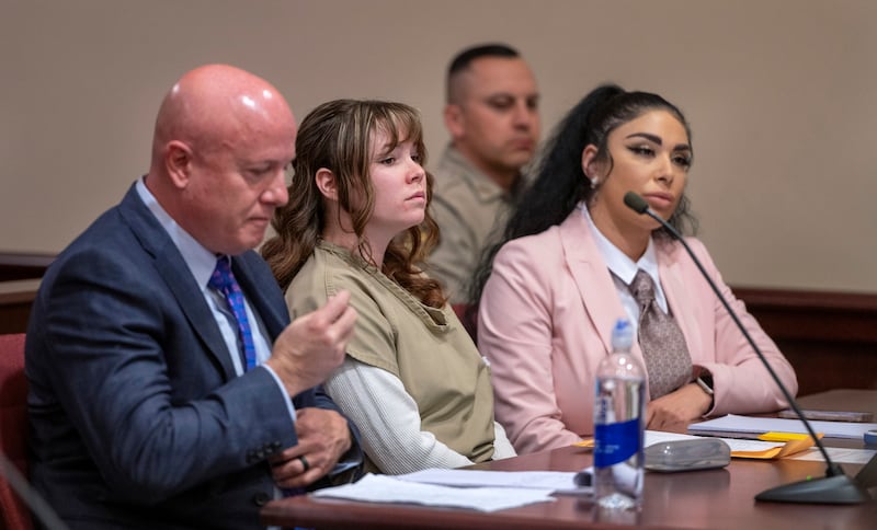 Hannah Gutierrez-Reed with her attorney Jason Bowles and paralegal Carmella Sisneros prepare for a sentencing hearing in state district court in Santa Fe, New Mexico (Eddie Moore/The Albuquerque Journal via AP)