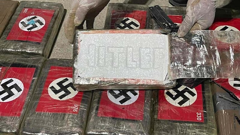 Blocks of cocaine marked with Nazi swastikas and stamped with the name Hitler, at the port of Paita (Peruvian Anti-Drug Police via AP)