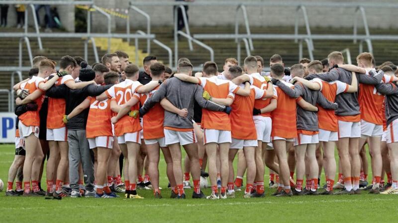Unity is strength. Clann Eireann at the start of the Armagh Club Senior Football Championship final against Crossmaglen at The Athletic Grounds. Pic Philip Walsh. 