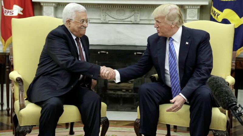 Palestinian leader Mahmoud Abbas with US president Donald Trump during their meeting in the Oval Office of the White House Picture by Evan Vucci/AP 