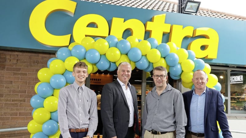 Musgrave NI&rsquo;s retail sales director Paddy Murney (second left) with (from left) Adam Beacom (retailer&rsquo;s son), retailer Gareth Beacom and Barry Holland, business development manager. Picture: Brian Thompson 