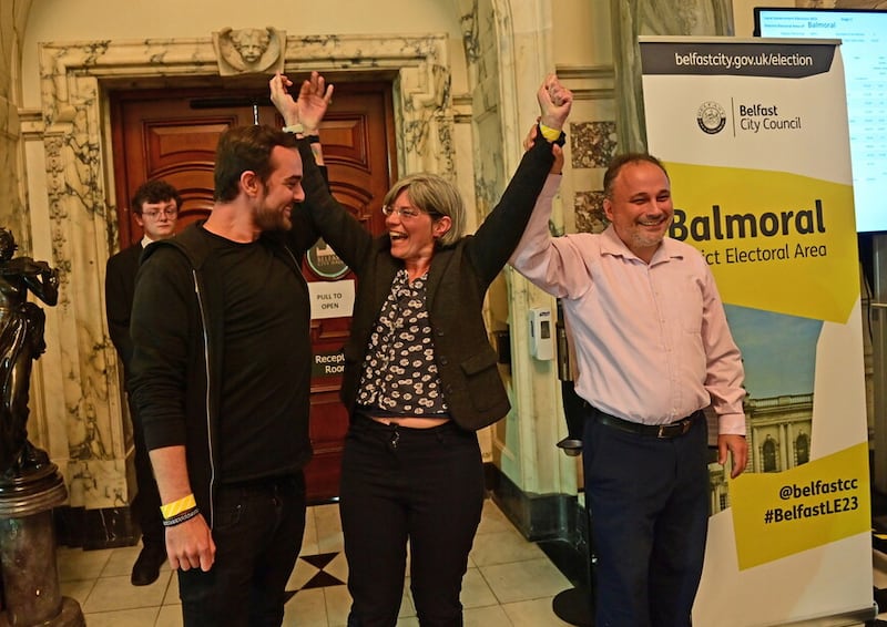 Alliance Balmoral candidates Micky Murray and Tara Brooks at Belfast City Hall  Picture: Pacemaker