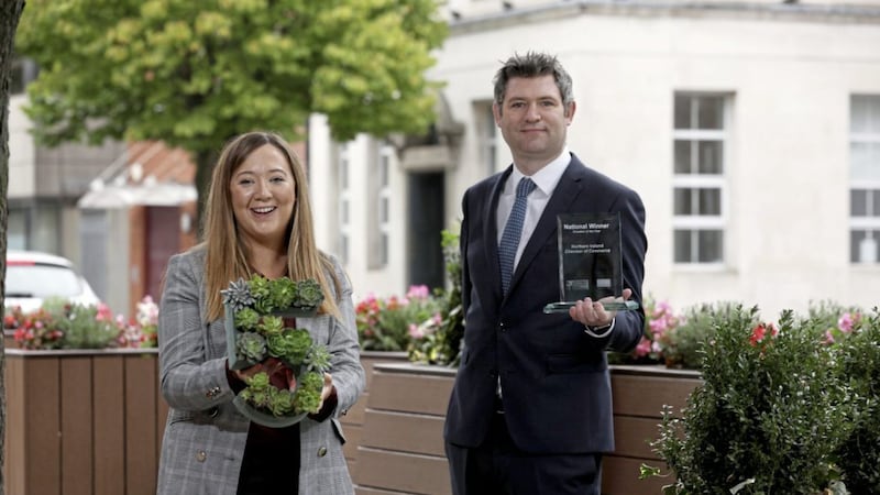 NI Chamber&#39;s head of communications and policy Chris Morrow and communications manager Olivia Stewart launch the entry process for the 2021 Chamber Business Awards, which remains open for nominations until Monday September 27. Picture: Matt Mackey/PressEye 