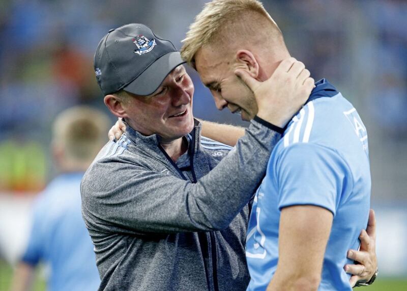 Dublin&#39;s Jonny Cooper and manager Jim Gavin during the All-Ireland Senior Football Championship final replay between Dublin and Kerry at Croke Park, Dublin on Saturday September 14 2019. Picture by Philip Walsh. 