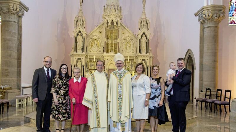 Martin Donnelly, fourth from left, who was ordained to the Diaconate at St Michael&#39;s Church, Enniskillen, with his family and Bishop Alan McGuckian. Picture by Ronan McGrade 