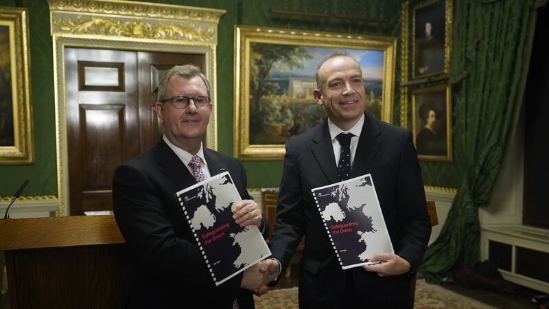 DUP leader Sir Jeffrey Donaldson and Northern Ireland Secretary Chris Heaton-Harris with the Safeguarding the Union command paper