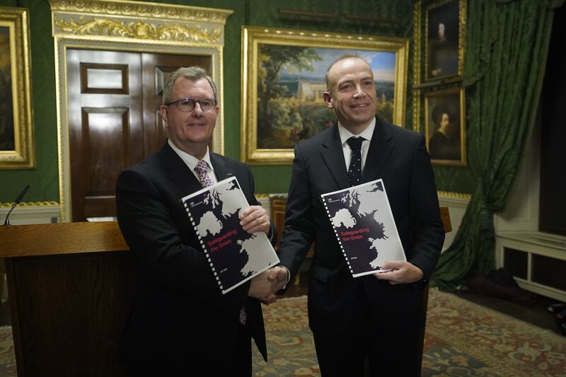 DUP leader Sir Jeffrey Donaldson and Northern Ireland Secretary Chris Heaton-Harris with the Safeguarding the Union command paper