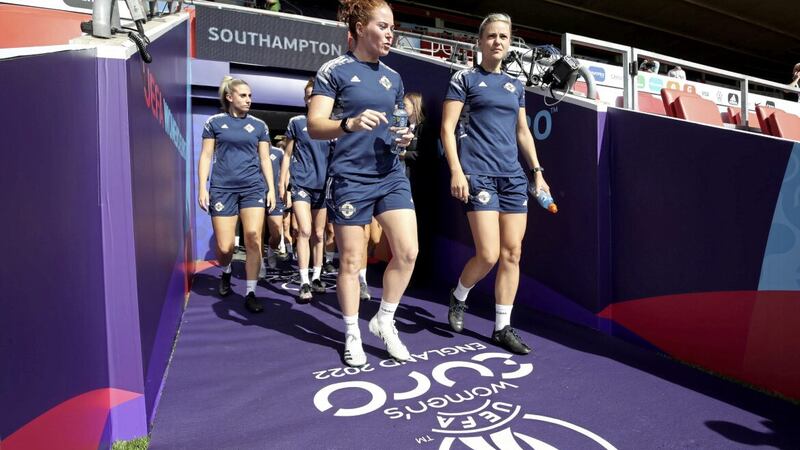 Northern Ireland captains Marissa Callaghan and Nadene Caldwell head onto the St Mary&#39;s Stadium pitch in Southampton for a training session ahead of tonight&rsquo;s UEFA Women&rsquo;s Euros match against Norway. Photo by William Cherry/Presseye 