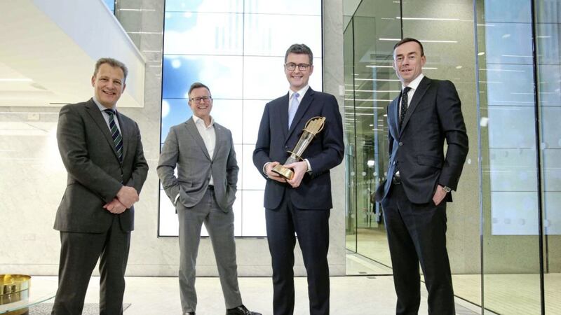 Launching the 2017 EY Entrepreneur of the Year in Belfast are (from left) Jeremy Fitch (Invest NI), Sean Duffy (EOY programme director), last year&#39;s winner Brendan Mooney, and Robert Heron (EY tax partner). Photo: Kelvin Boyes/Press Eye 
