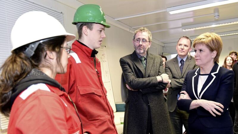 From left, apprentice&#39;s Leanne Brown, Adam Clark, Sparrows executive director, engineering Ewen Kerr and Aidrian Gillespie, Scottish enterprise and First Minister Nicola Sturgeon during a visit to Sparrows Training Centre, Tyrebagger, Aberdeen, as she announced a new &pound;5 million fund to help Scottish-based firms benefit from the decommissioning of North Sea infrastructure. The first minister was making the visit as a poll revealed a rise in support in Scotland for independence. Former first minister Alex Salmond said yesterday that if Article 50 is triggered without Scotland&#39;s views being taken into the UK&#39;s negotiating stance, then it would be a matter for Ms Sturgeon to decide whether to call a second vote on independence PICTURE: Kami Thomson/Press and Journal/PA 