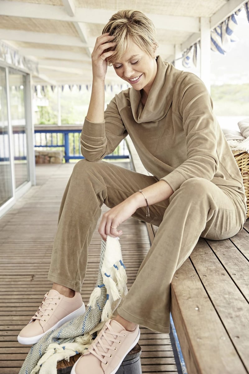 Cotton Traders Velour Cowl Neck Tunic, &pound;29; Velour Pull-on Trousers, &pound;25; Lace-Up Trainers, &pound;32, available from Cotton Traders 