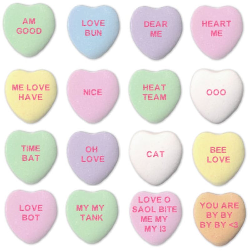 A number of candy hearts bearing funny love messages from an algorithm