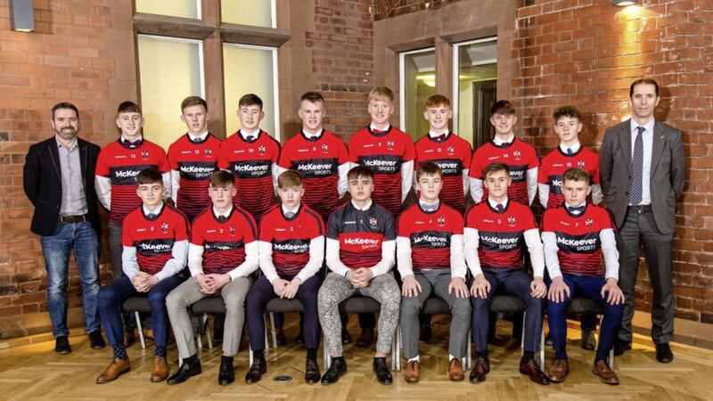 Future Stars: The QUB Danske Bank Queen&#39;s GAA Future Stars Panel 2018-2019 pictured with (left) Karl Oakes, Sport Development Manager at Queen&rsquo;s, and (right) Paul McGrane who presented the awards 