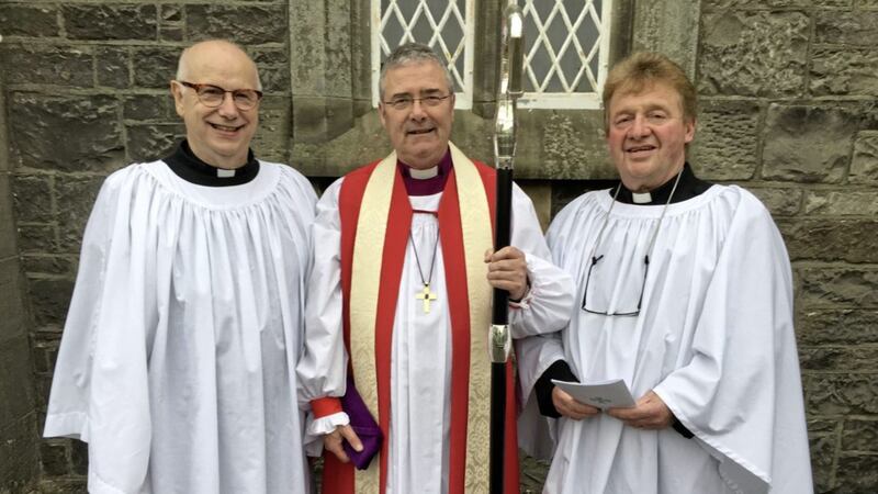 The Bishop of Clogher, Right Revd John McDowell with Revd Colin Brownsmith and Revd Abraham Storey, ordained as OLM deacons 