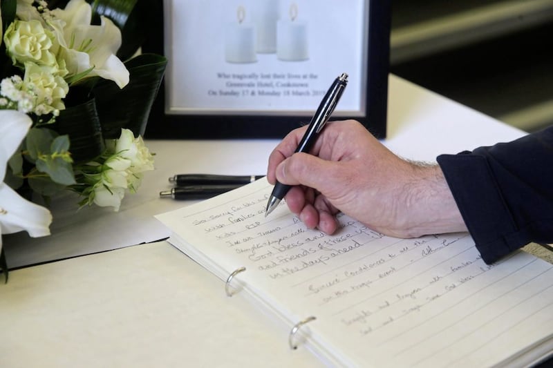 Book of condolances being signed in Ranfurly House in Dungannon for the three young people who lost their lives at the Greenvale Hotel Picture Mal McCann. 