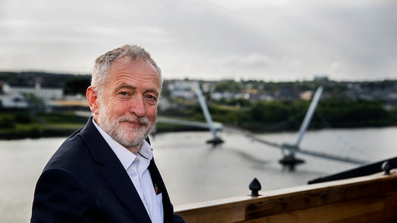 Labour leader Jeremy Corbyn looking over the Folye river to the Peace Bridge before a Londonderry Chamber business breakfast during the second day of a visit to Northern Ireland as party leader. Picture by&nbsp;Liam McBurney/PA Wire