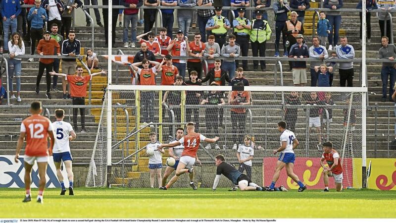 Rian O&#39;Neill (14) of Armagh shoots to score a second-half goal during the All-Ireland Senior Football Championship Round 2 match between Monaghan and Armagh at St Tiarnach&#39;s Park in Clones, Monaghan on June 22 2019. Picture by Ray McManus/Sportsfile. 