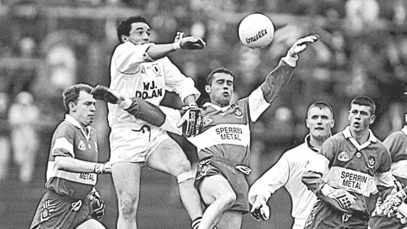 Derry&#39;s Gary Coleman and Tyrone&#39;s Brian Dooher challenge for the ball during a Celtic Park clash. Picture by Ann McManus 