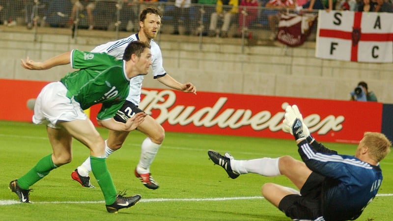 Robbie Keane scores an equalizer for Ireland against Germany in the 2002 World Cup. Three years previous, he became the most expensive teenage signing in British football