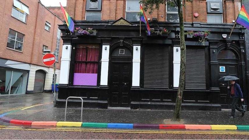 Rainbow-coloured kerbstones on Donegall Street in Belfast city centre. Picture by Hugh Russell 