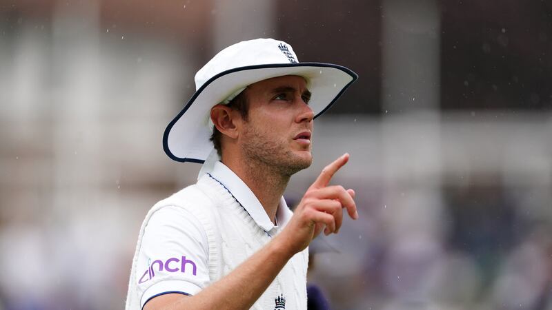 England's Stuart Broad reacts as rain halts play during day four of the fifth LV= Insurance Ashes Series test match at the Kia Oval, London on Sunday                                Picture: PA