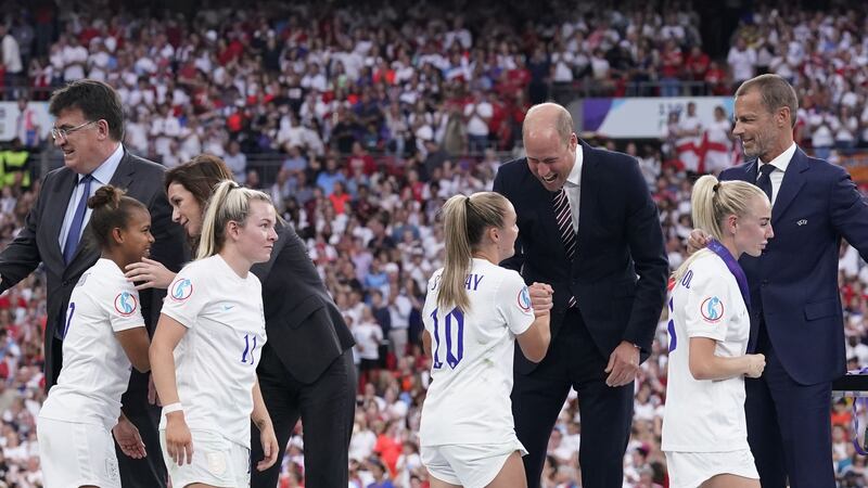 File photo dated 31/07/22 of England’s Georgia Stanway with The Duke of Cambridge following England’s victory over Germany in the UEFA Women’s Euro 2022 final at Wembley Stadium, London. The Prince of Wales will not travel to Australia to watch the Lionesses’ compete in their historic World Cup final.