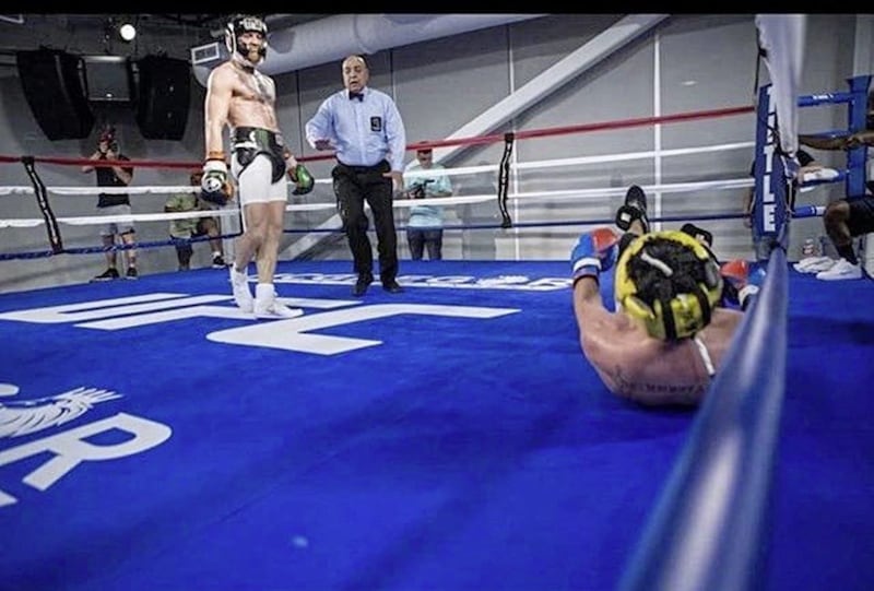 The image that led to Paulie Malignaggi's departure from the camp, as a sneering Conor McGregor stands over 'The Magic Man'. Picture by David Fogarty/gingerbeardphotography.com