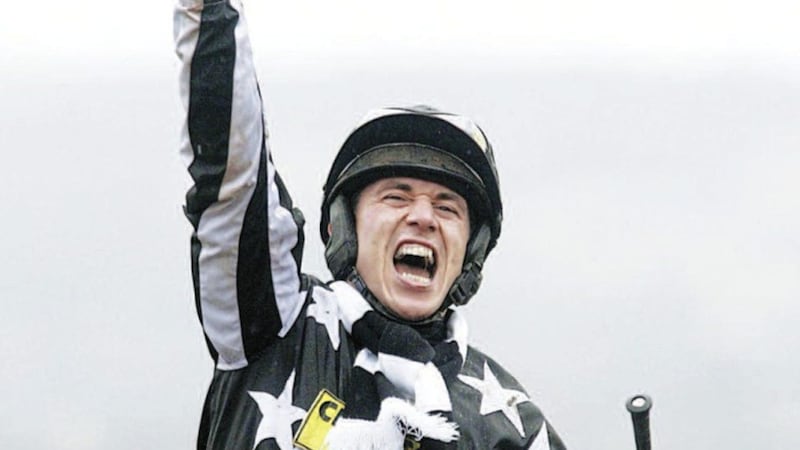 Paddy Brennan celebrates winning the 2010 Cheltenham Gold Cup yesterday as Imperial Commander signalled a changing of the guard among the dynasty of staying chasers. Kauto Star (8-11 favourite), ridden by fellow Irishman Ruby Walsh, fell. Denman, the mount of Co Antrim native Tony McCoy, was second. In a race billed as a heavyweight showdown and an ultimate decider between Paul Nicholls&rsquo; stablemates, it was local hero Imperial Commander who prevailed for Nigel Twiston-Davies in a race of towering high drama. Kauto Star, the 8-11 favourite and winner of the Gold Cup in 2007 and 2009, was unlucky not to deposit Ruby Walsh with an uncharacteristic error at the eighth fence and he was never travelling thereafter 