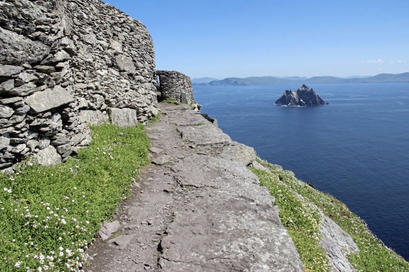 The path leading to the monastery on Skellig Michael, Little Skellig visible in the distance 