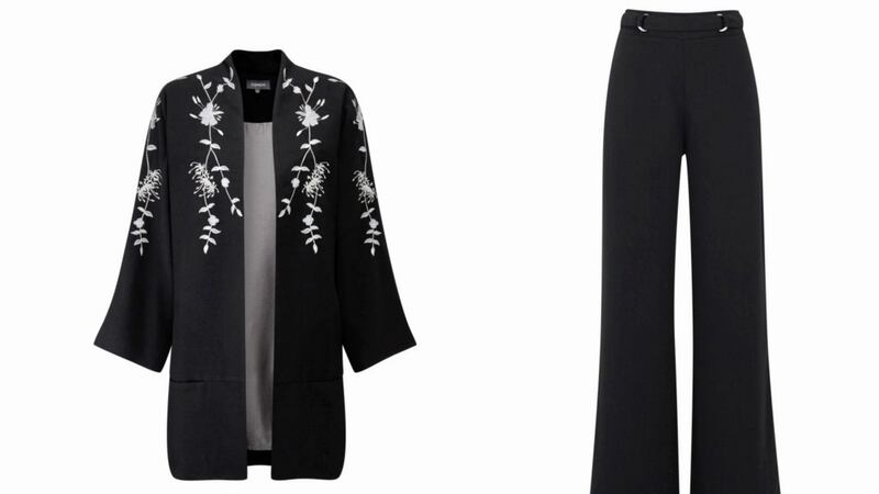 Sosandar Black Embroidered Kimono, &pound;59; Black Wide Leg Trousers, &pound;49, available from Sosandar 