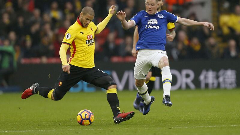 Watford's Adlene Guedioura (left) and Everton's James McCarthy (right) battle for the ball during the Premier League match at Vicarage Road&nbsp;