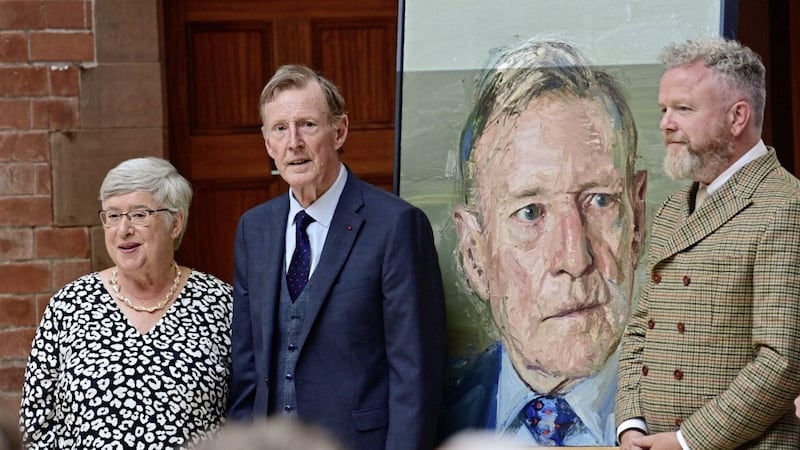 Lord David Trimble with his wife Daphne during the unveiling of his portrait by Colin Davidson at Queen&#39;s University Management School, Riddel Hall in Belfast. Picture by Colm Lenaghan/Pacemaker 